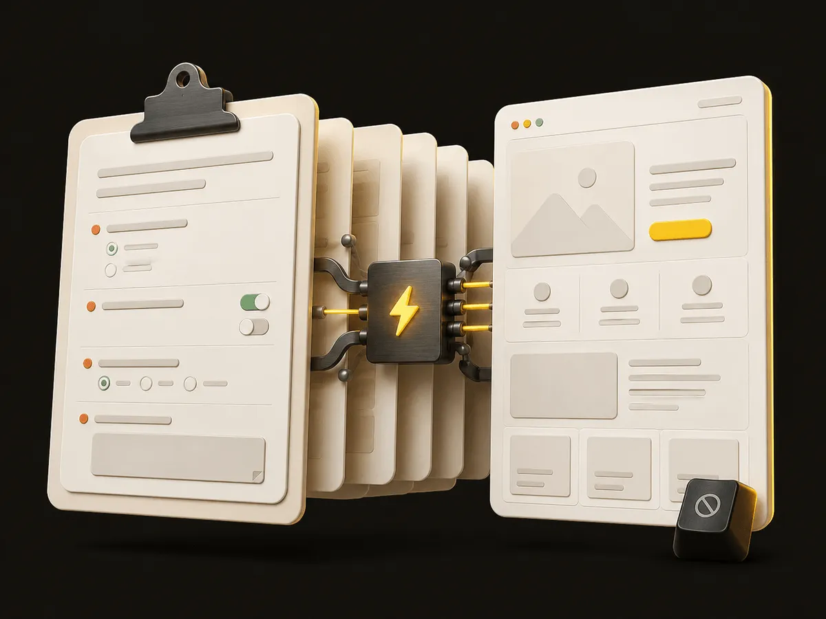 3D illustration of web page layouts being assembled
