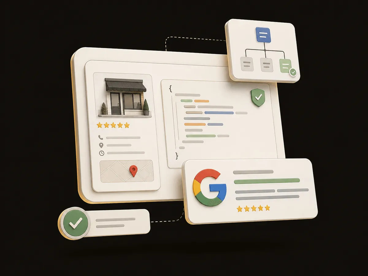 3D illustration of a Google Business Profile panel with a shop photo and reviews