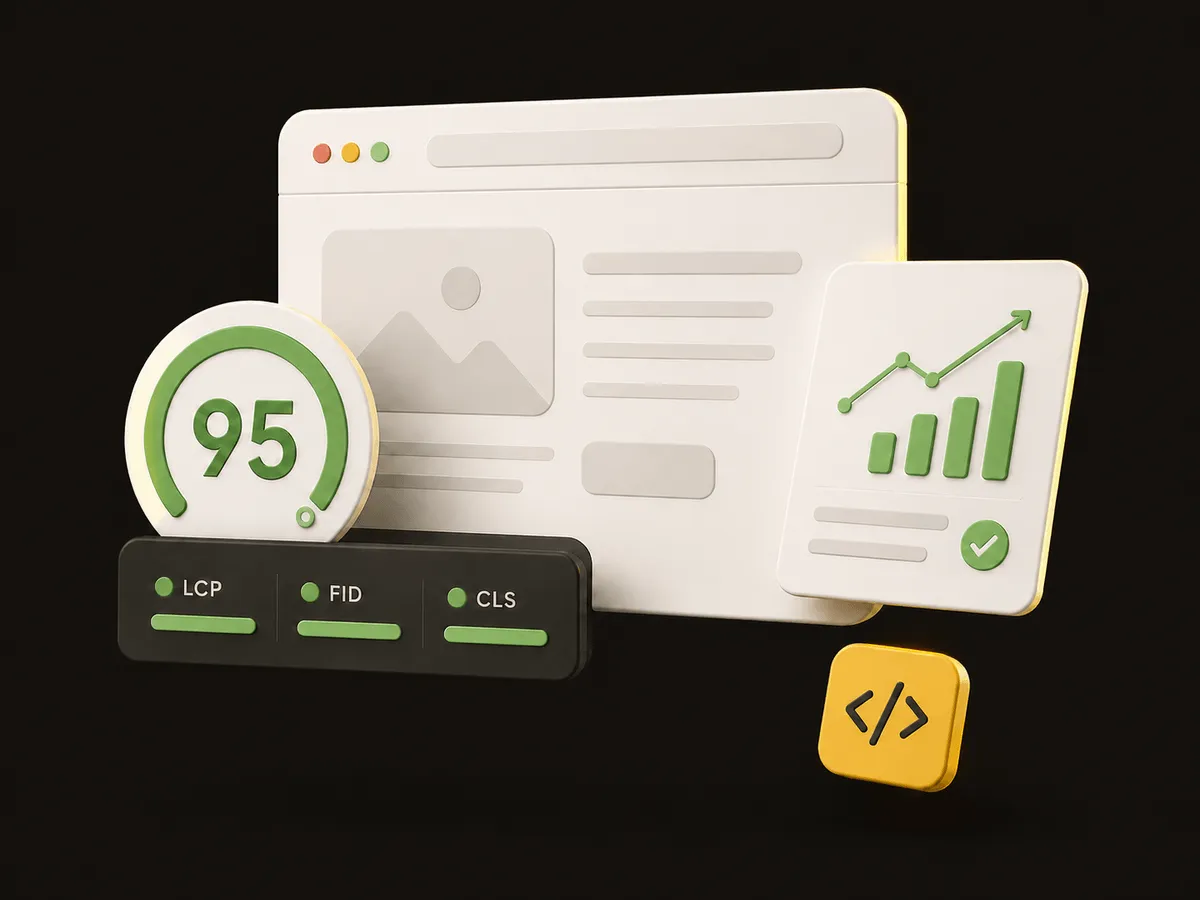 3D illustration of a PageSpeed gauge reading 95 with green Core Web Vitals