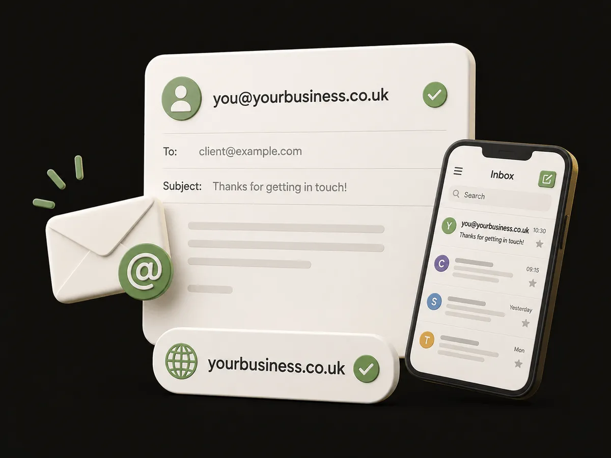 3D illustration of an email from you@yourbusiness.co.uk on a phone and an envelope