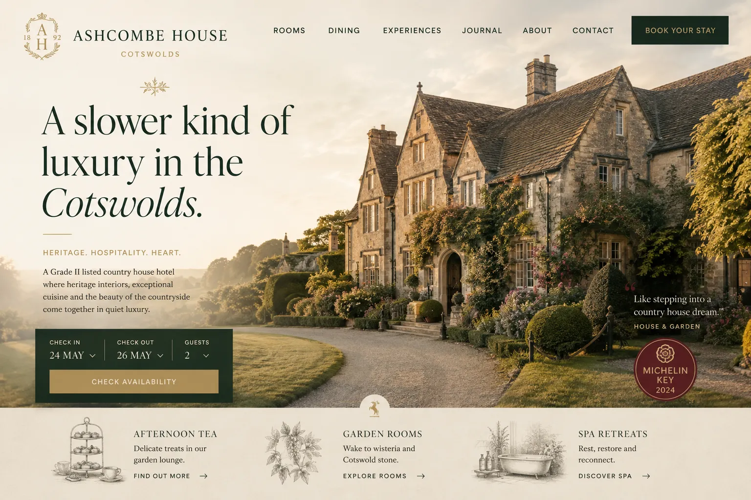 Ashcombe House - Cotswolds boutique hotel concept site by Loudhook